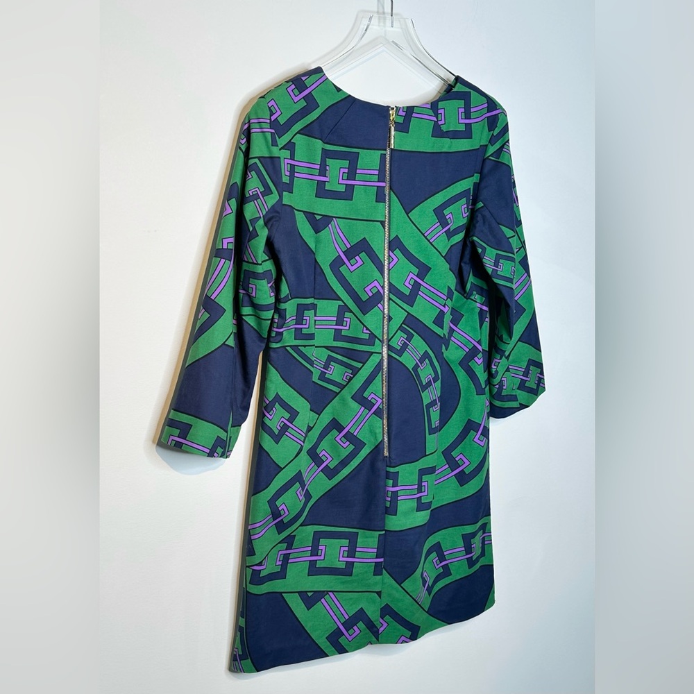 Elizabeth McKay London Chain Green Navy Blue Purple Cotton Blend Shift Dress - Picture 5 of 11